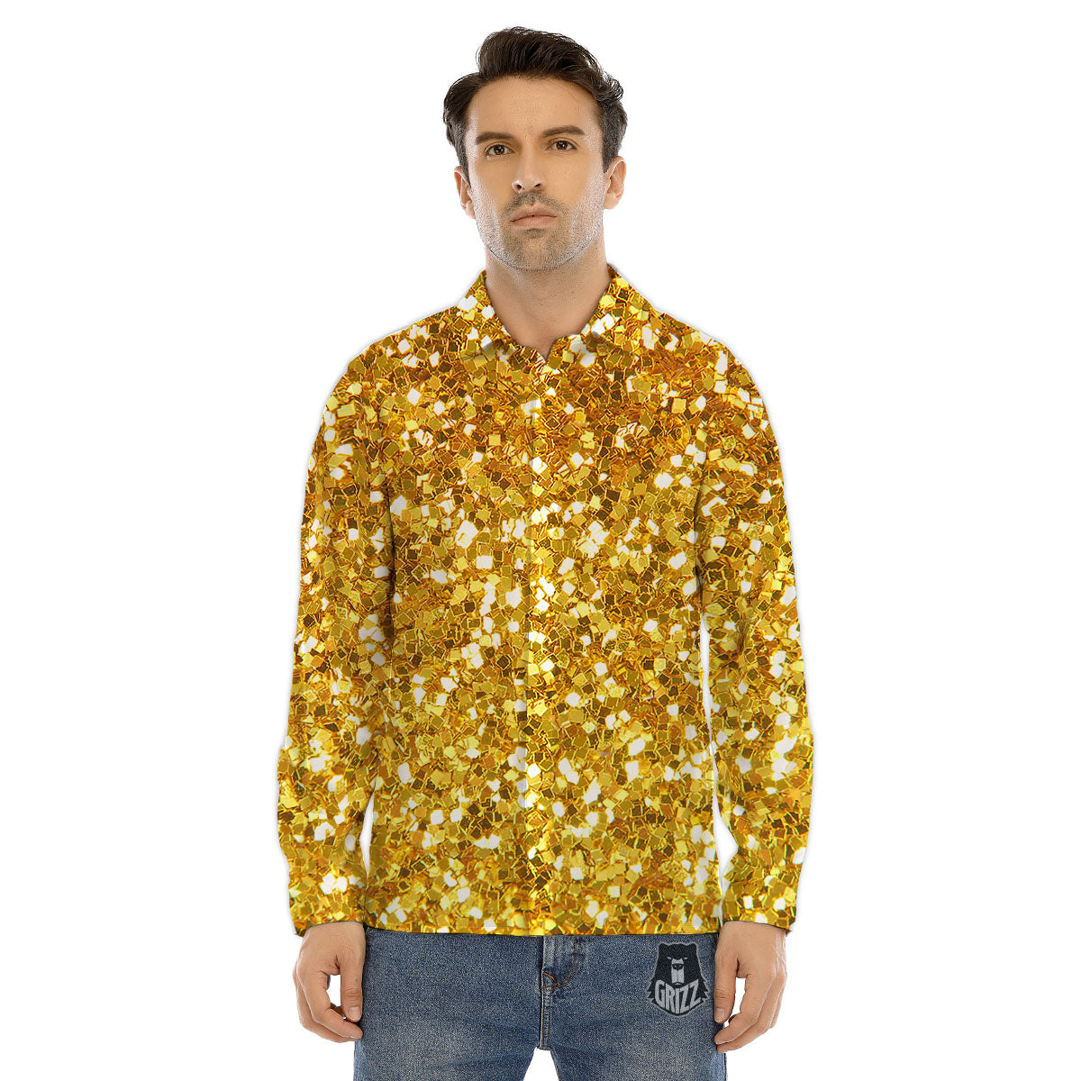 Artwork Glitter Gold Print Men's Dress Shirts-grizzshop
