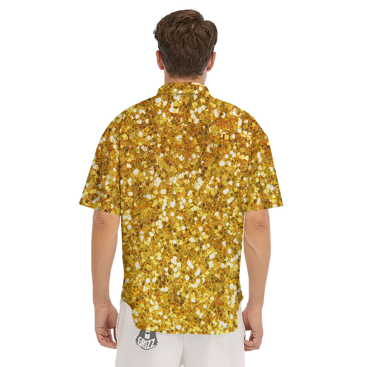 Artwork Glitter Gold Print Men's Short Sleeve Shirts-grizzshop