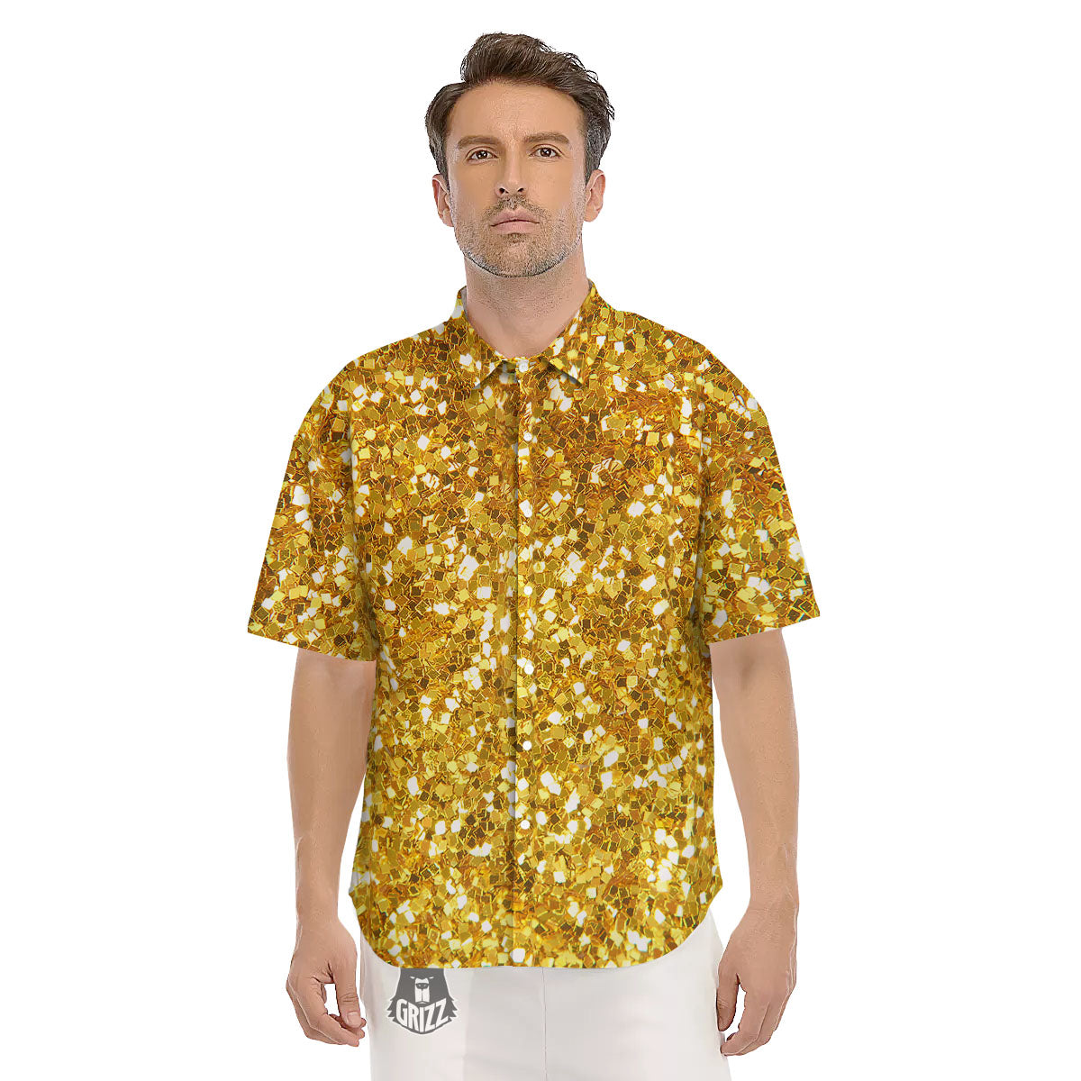 Artwork Glitter Gold Print Men's Short Sleeve Shirts-grizzshop