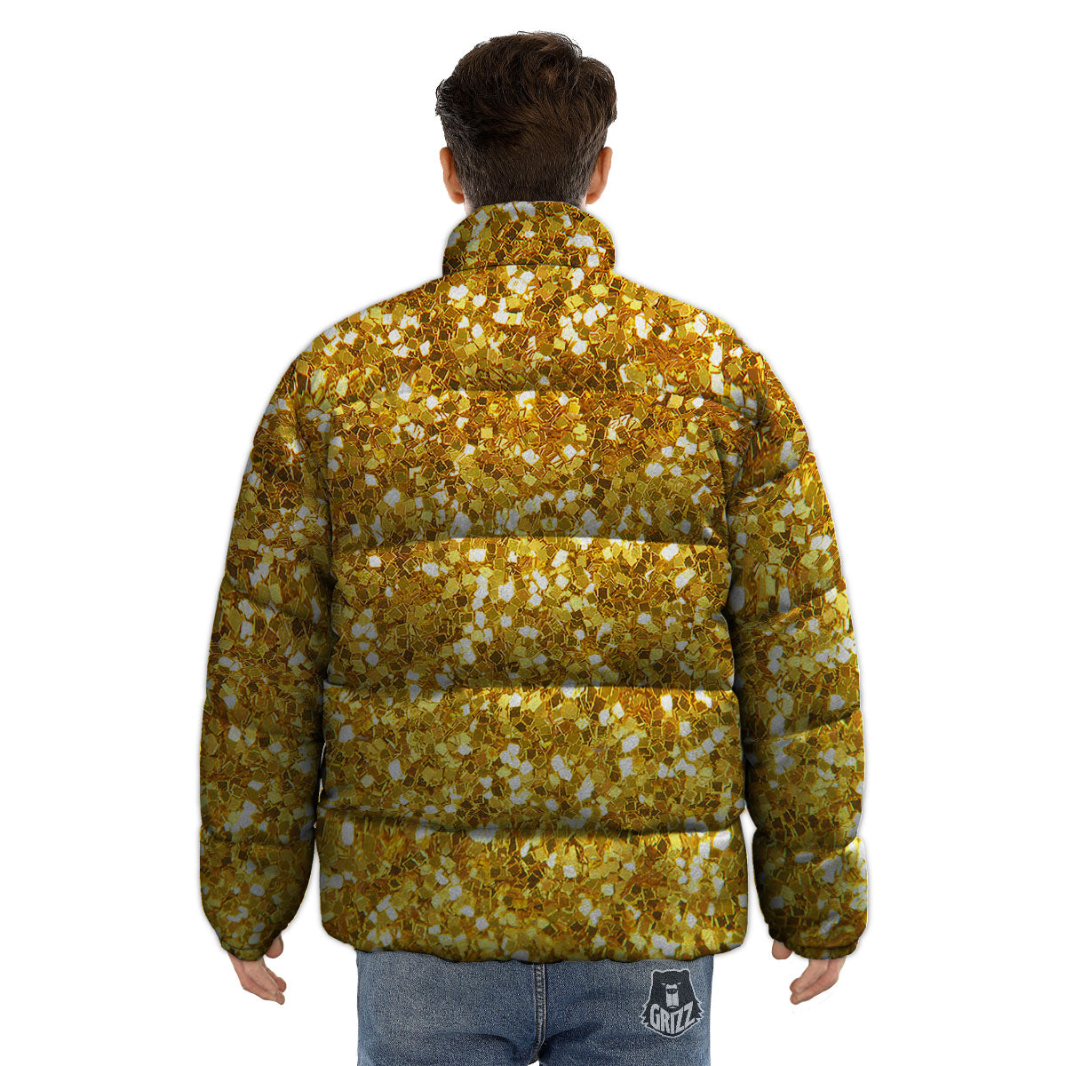 Artwork Glitter Gold Print Puffer Jacket-grizzshop