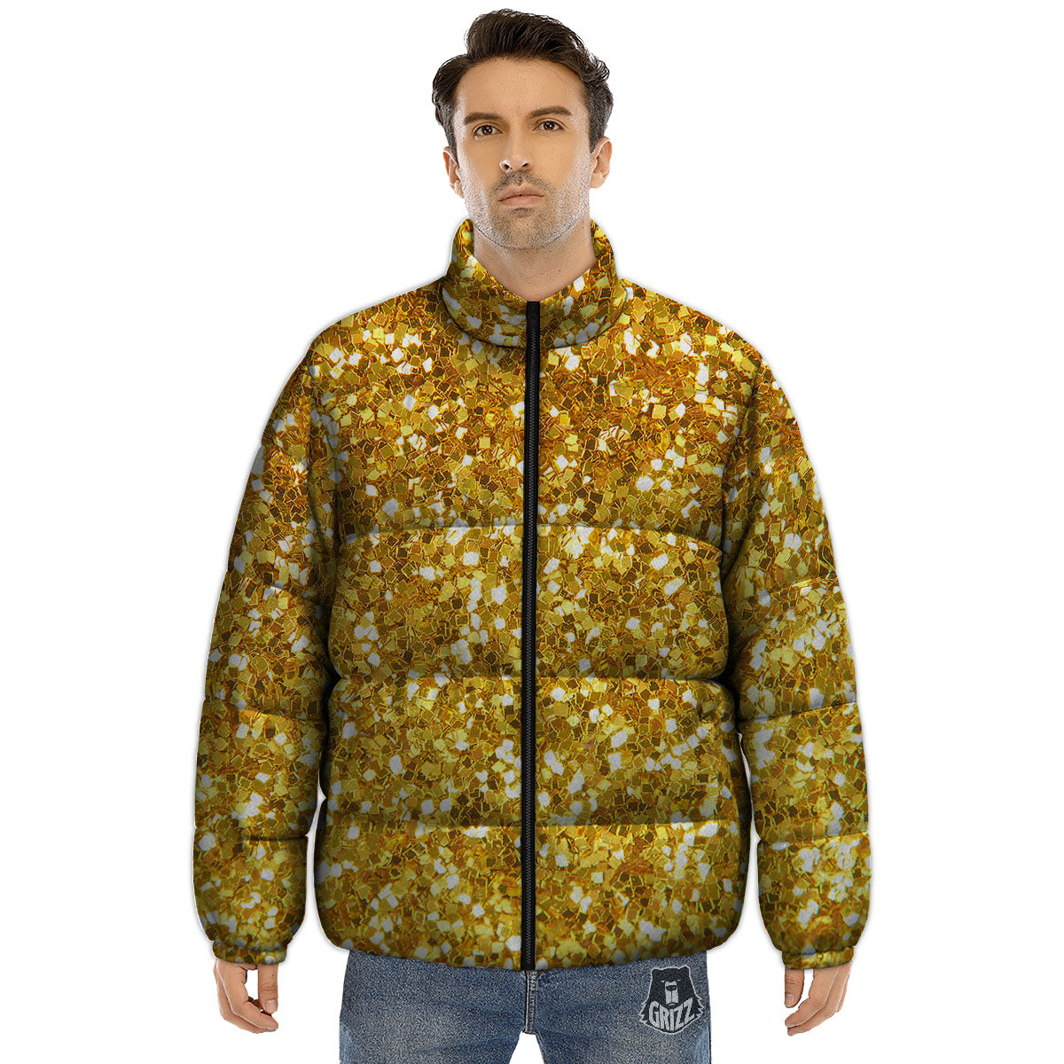 Artwork Glitter Gold Print Puffer Jacket-grizzshop