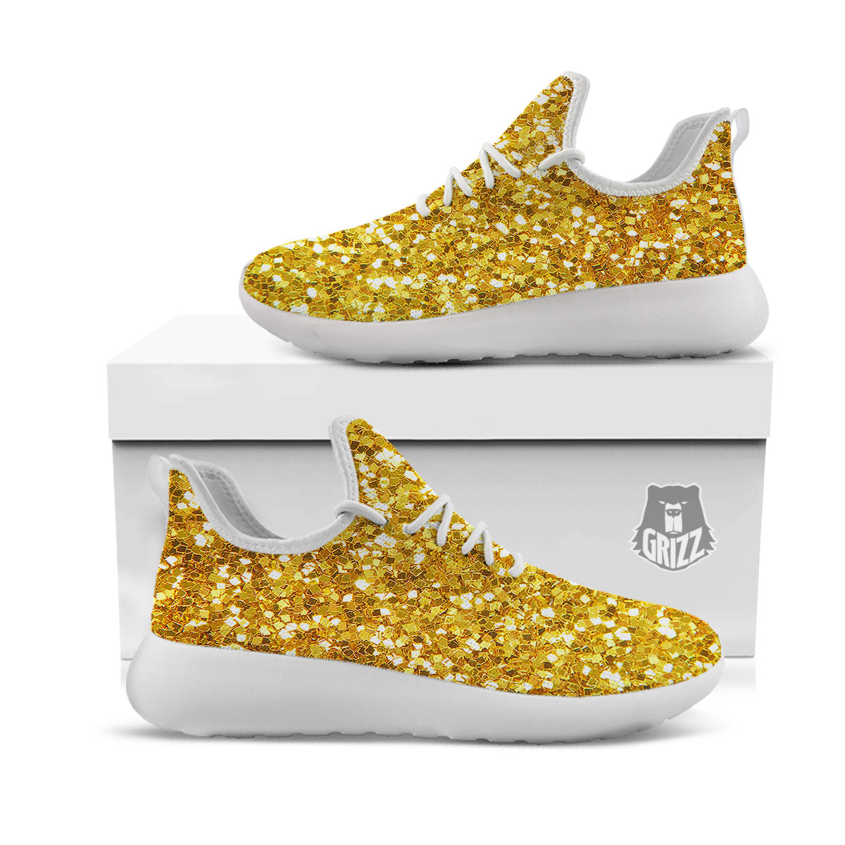 Artwork Glitter Gold Print White Athletic Shoes-grizzshop