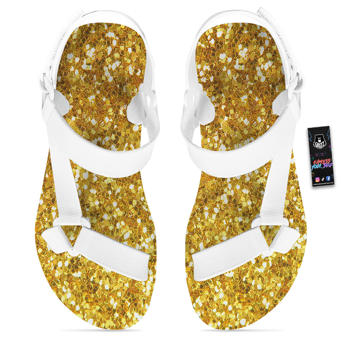 Artwork Glitter Gold Print White Open Toe Sandals-grizzshop