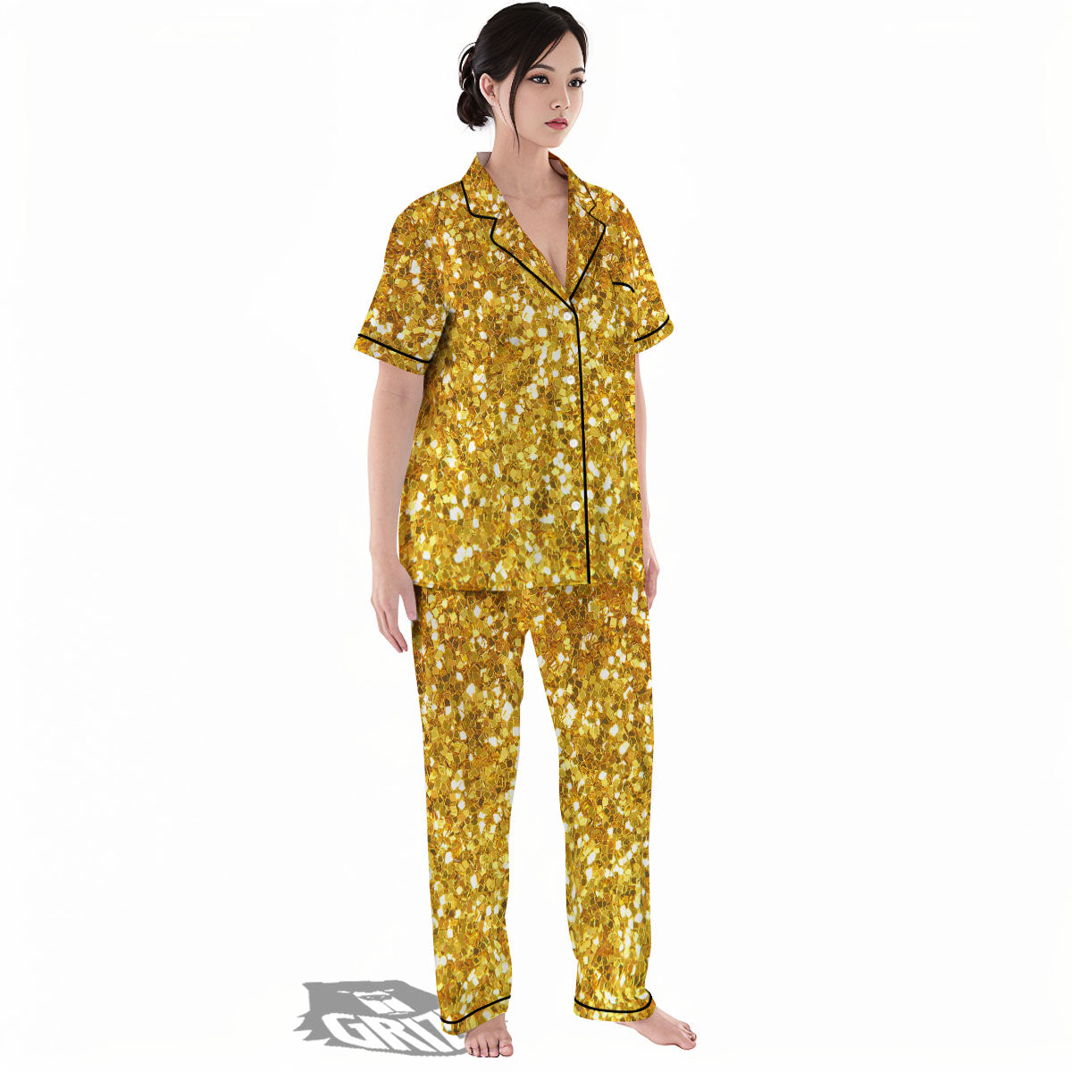 Artwork Glitter Gold Print Women's Pajamas Set-grizzshop