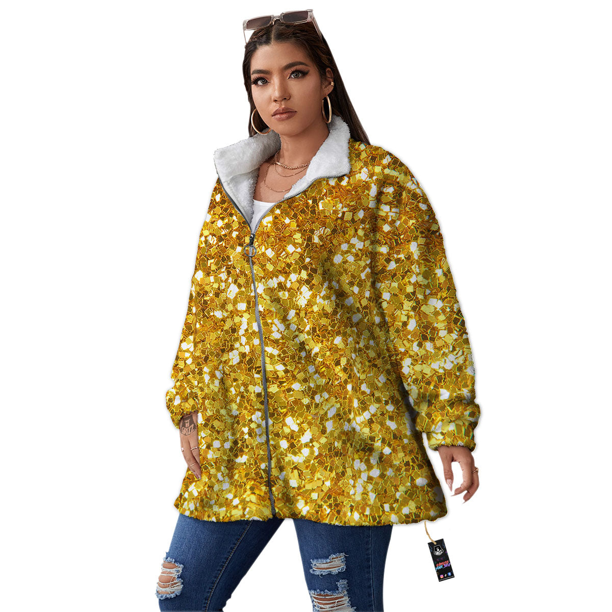 Artwork Glitter Gold Print Women's Sherpa Jacket-grizzshop
