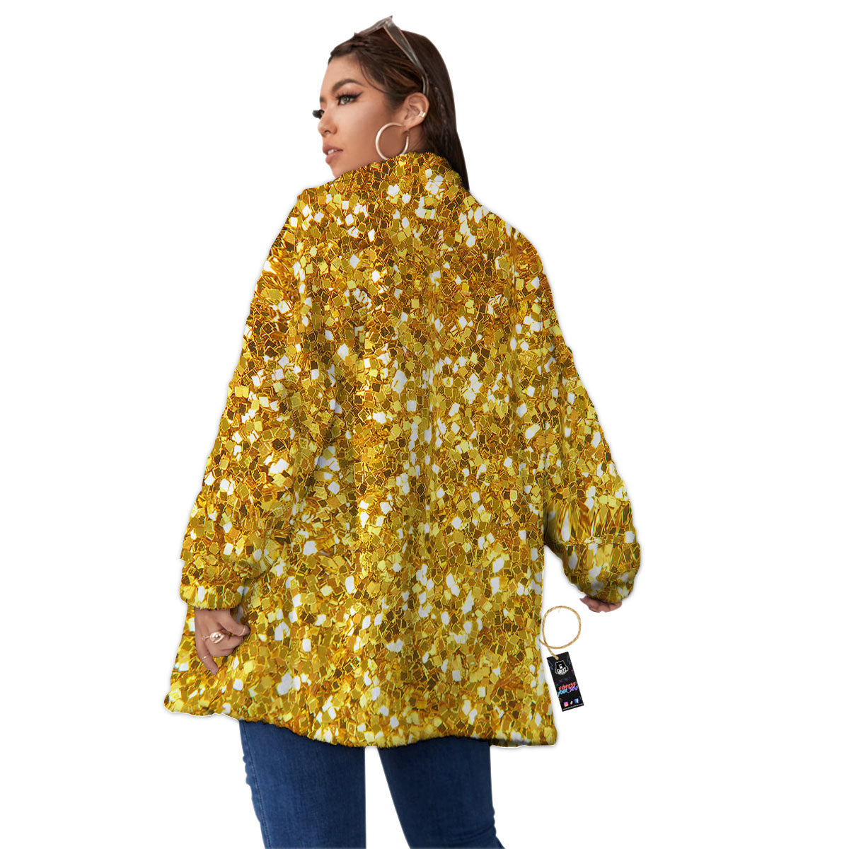 Artwork Glitter Gold Print Women's Sherpa Jacket-grizzshop
