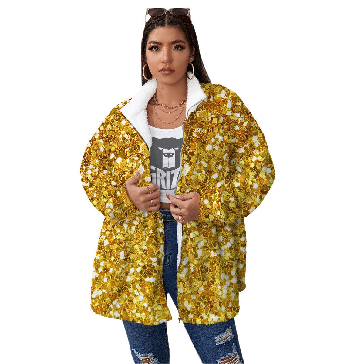 Artwork Glitter Gold Print Women's Sherpa Jacket-grizzshop