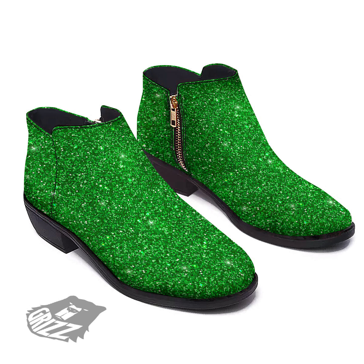 Artwork Glitter Green Print Ankle Boots-grizzshop