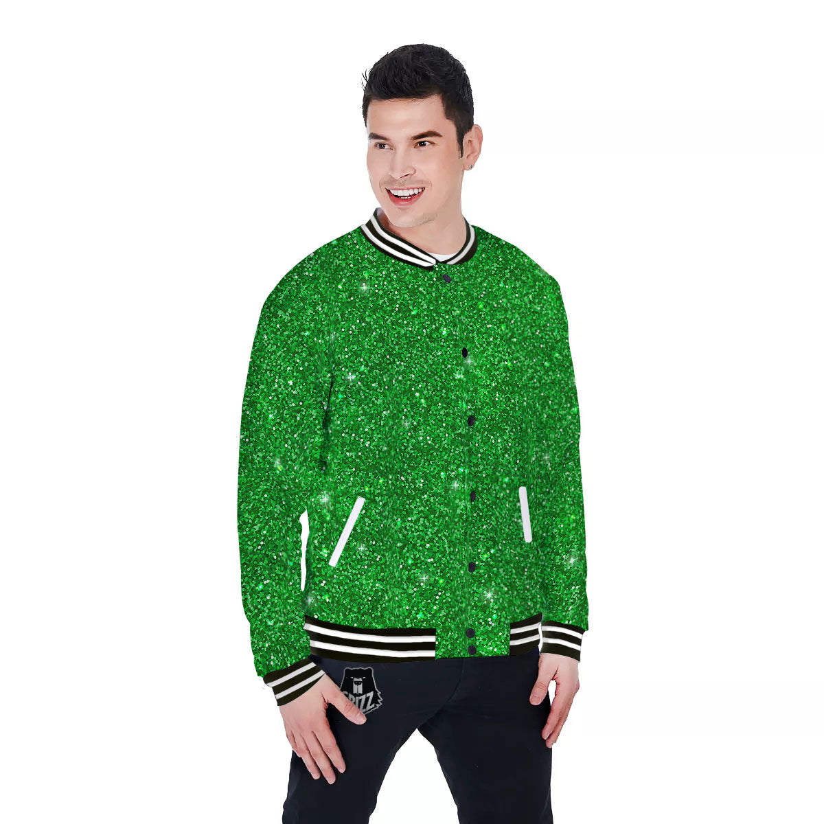 Artwork Glitter Green Print Baseball Jacket-grizzshop