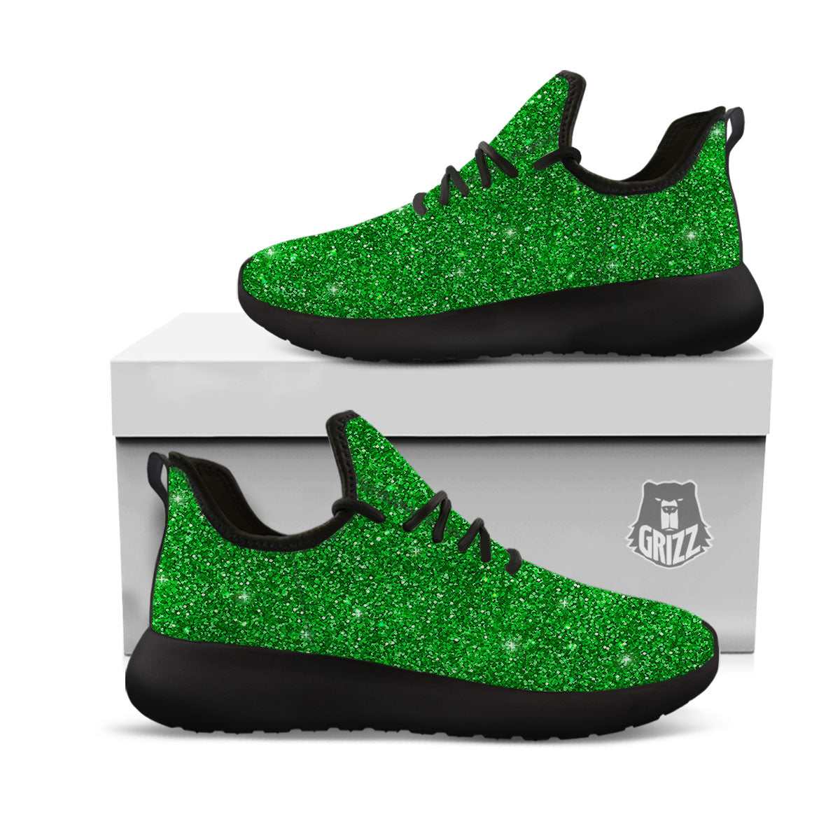 Artwork Glitter Green Print Black Athletic Shoes-grizzshop