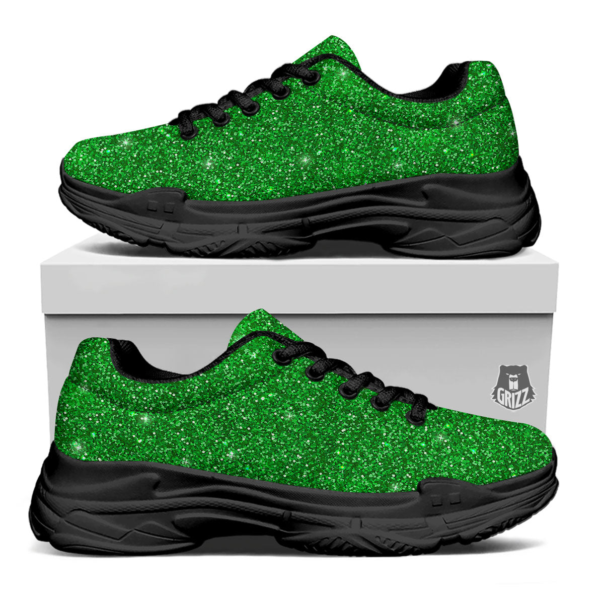 Artwork Glitter Green Print Black Chunky Shoes-grizzshop