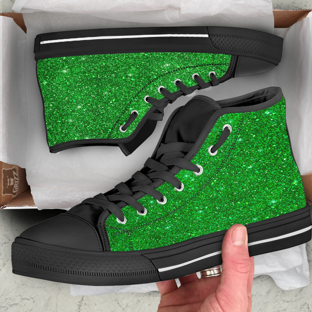Artwork Glitter Green Print Black High Top Shoes-grizzshop