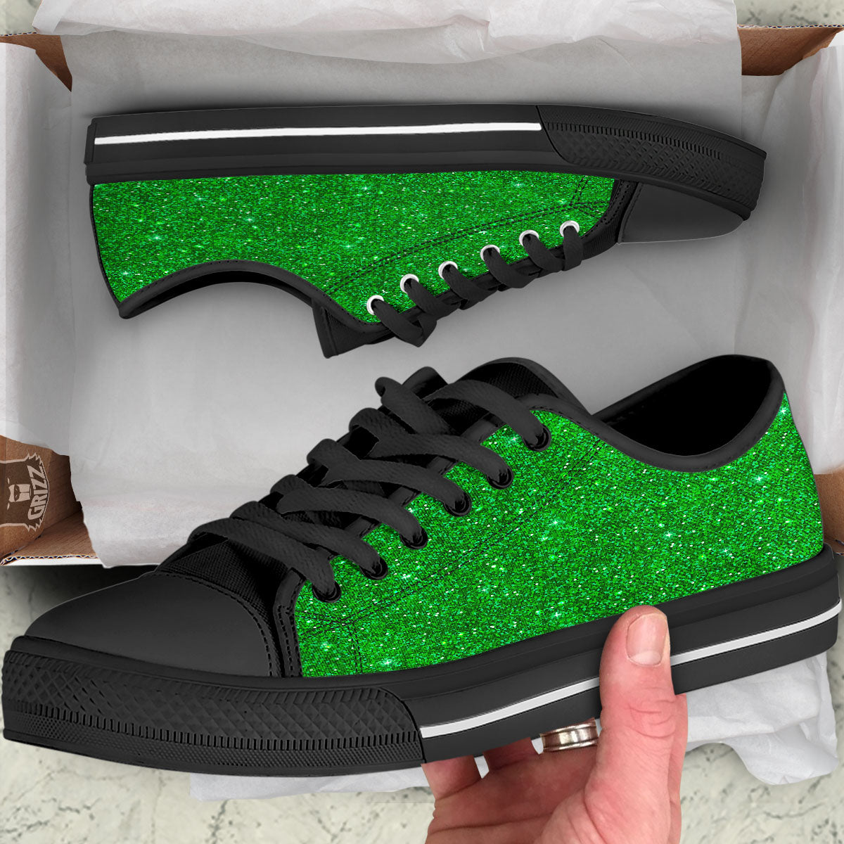 Artwork Glitter Green Print Black Low Top Shoes-grizzshop