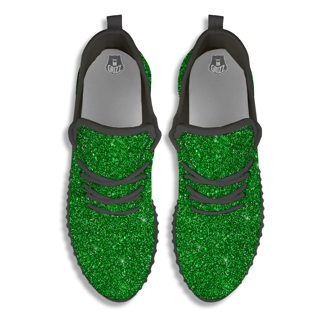 Artwork Glitter Green Print Black Walking Shoes-grizzshop