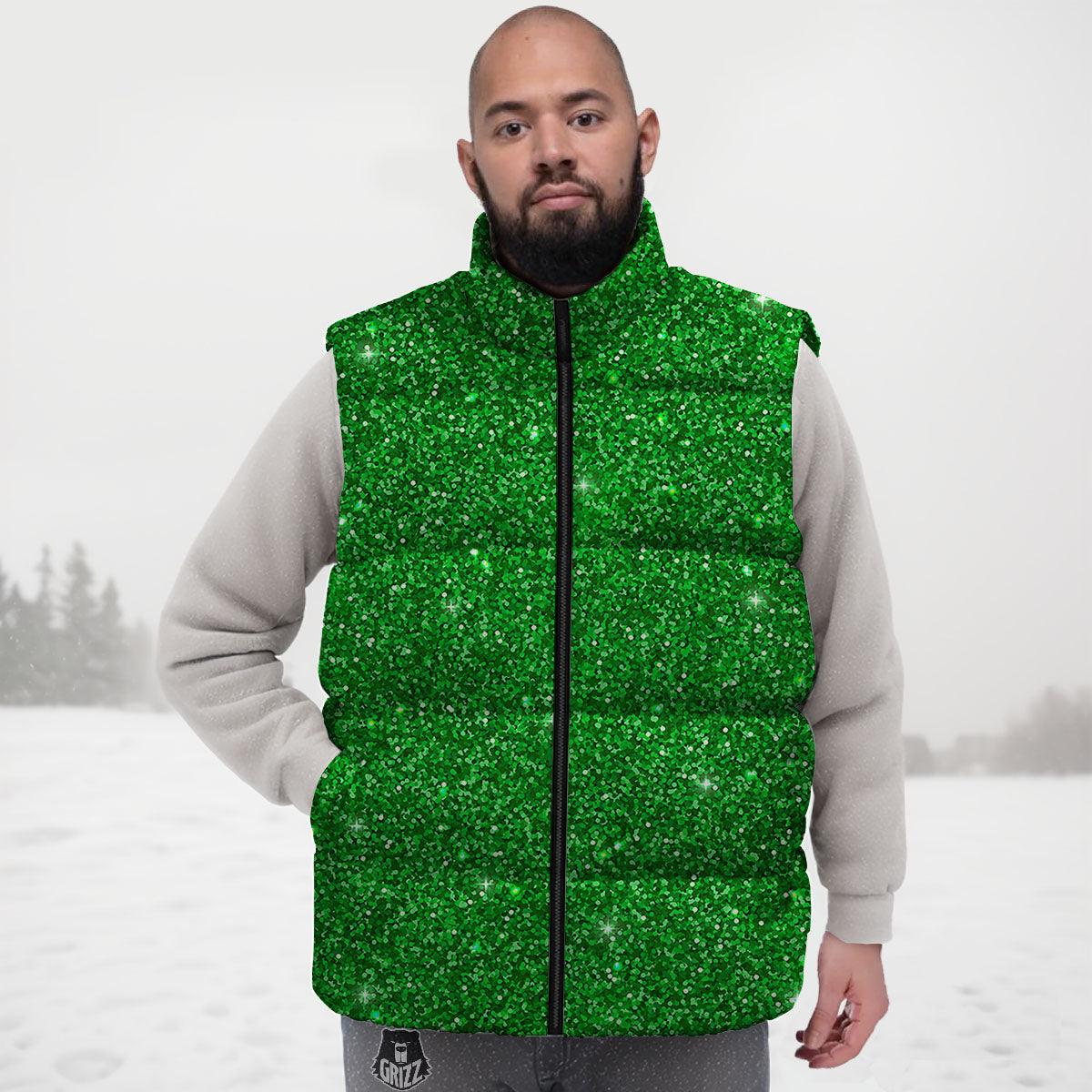 Artwork Glitter Green Print Down Vest