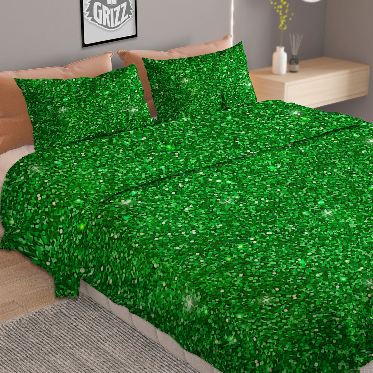 Artwork Glitter Green Print Duvet Cover Bedding Set