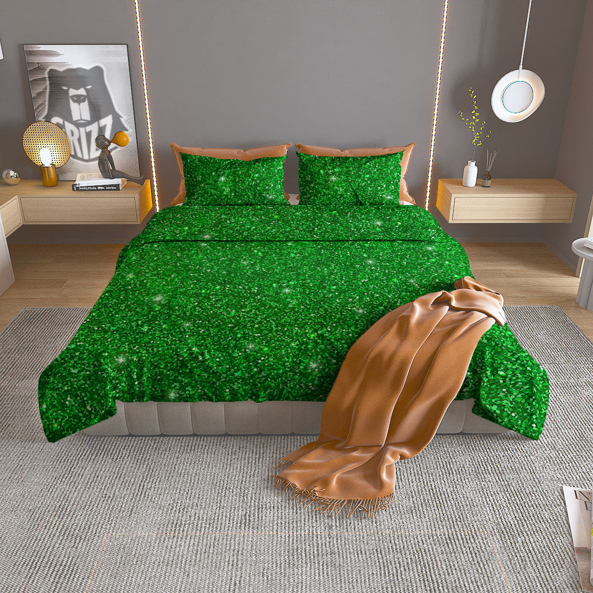 Artwork Glitter Green Print Duvet Cover Bedding Set