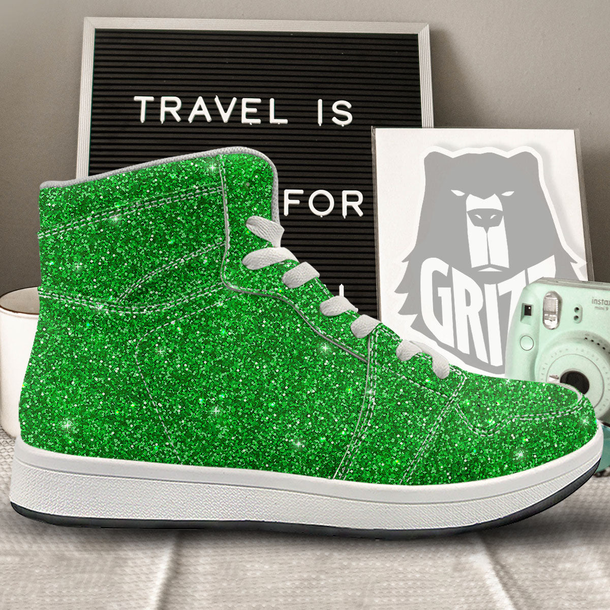 Artwork Glitter Green Print High Top Sneakers-grizzshop