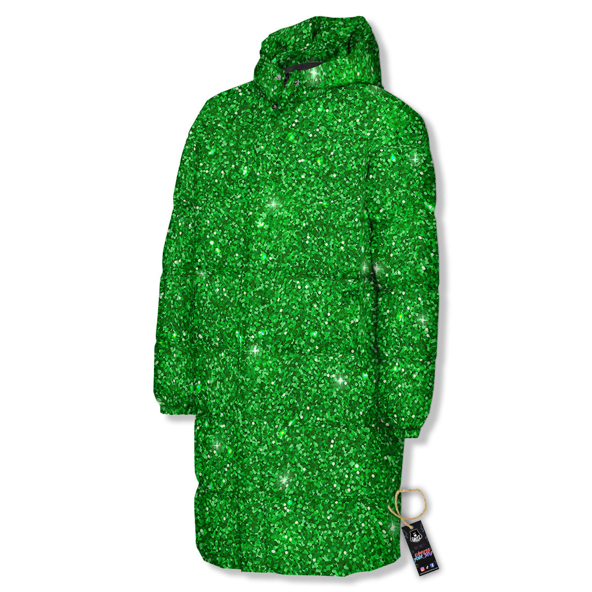 Artwork Glitter Green Print Long Down Jacket-grizzshop