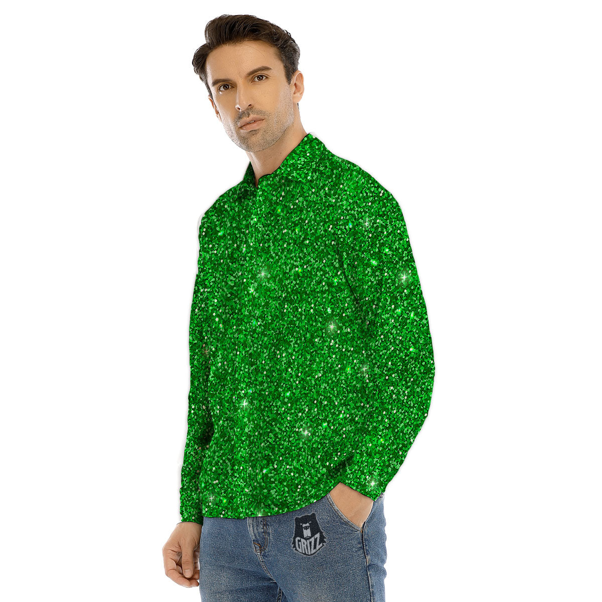 Artwork Glitter Green Print Men's Dress Shirts-grizzshop