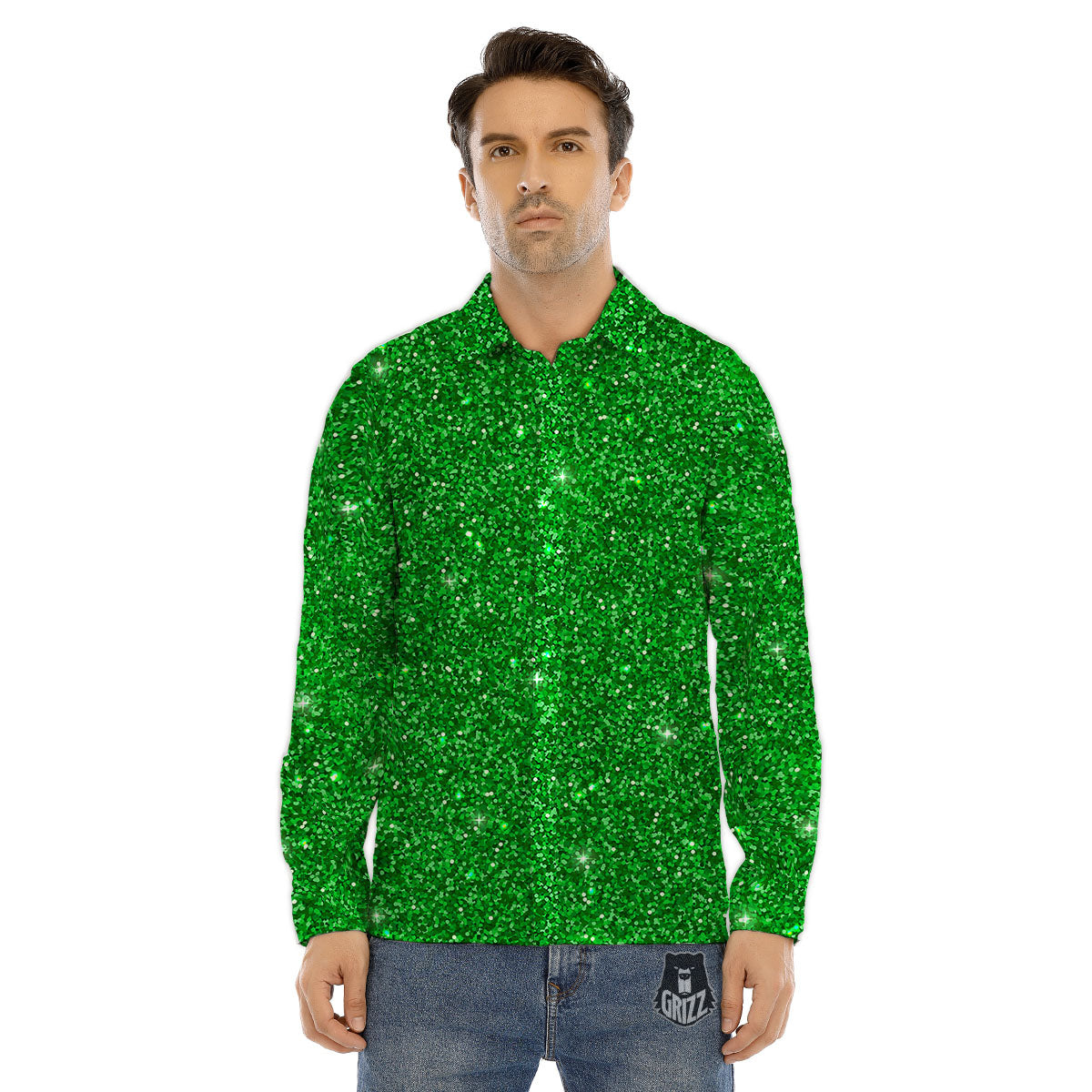 Artwork Glitter Green Print Men's Dress Shirts-grizzshop