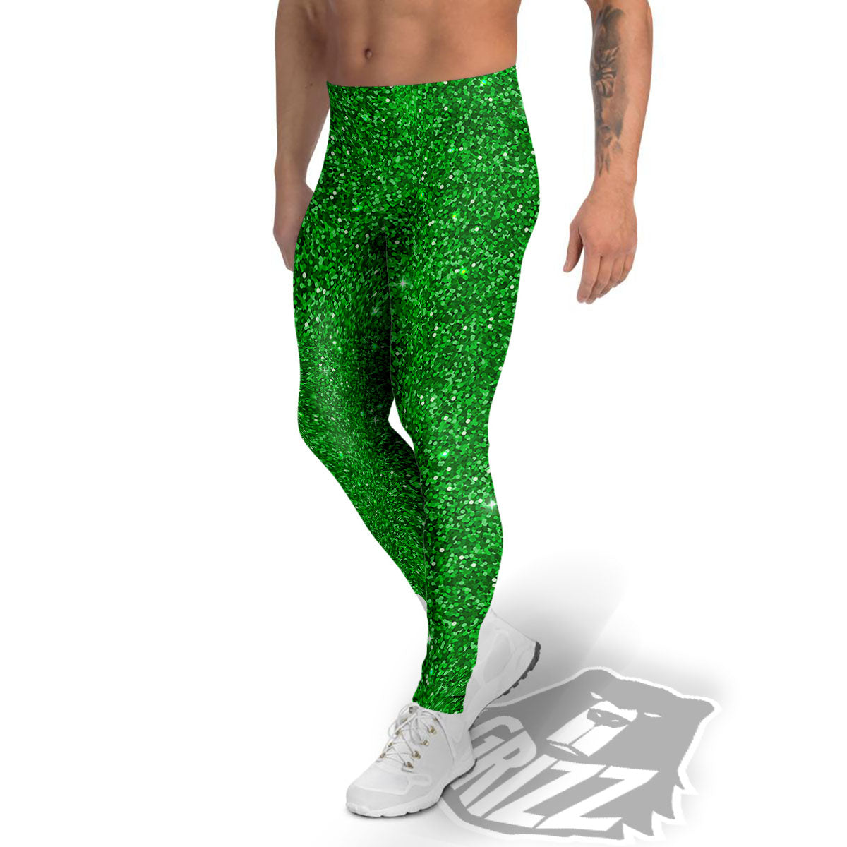 Artwork Glitter Green Print Men's Leggings-grizzshop