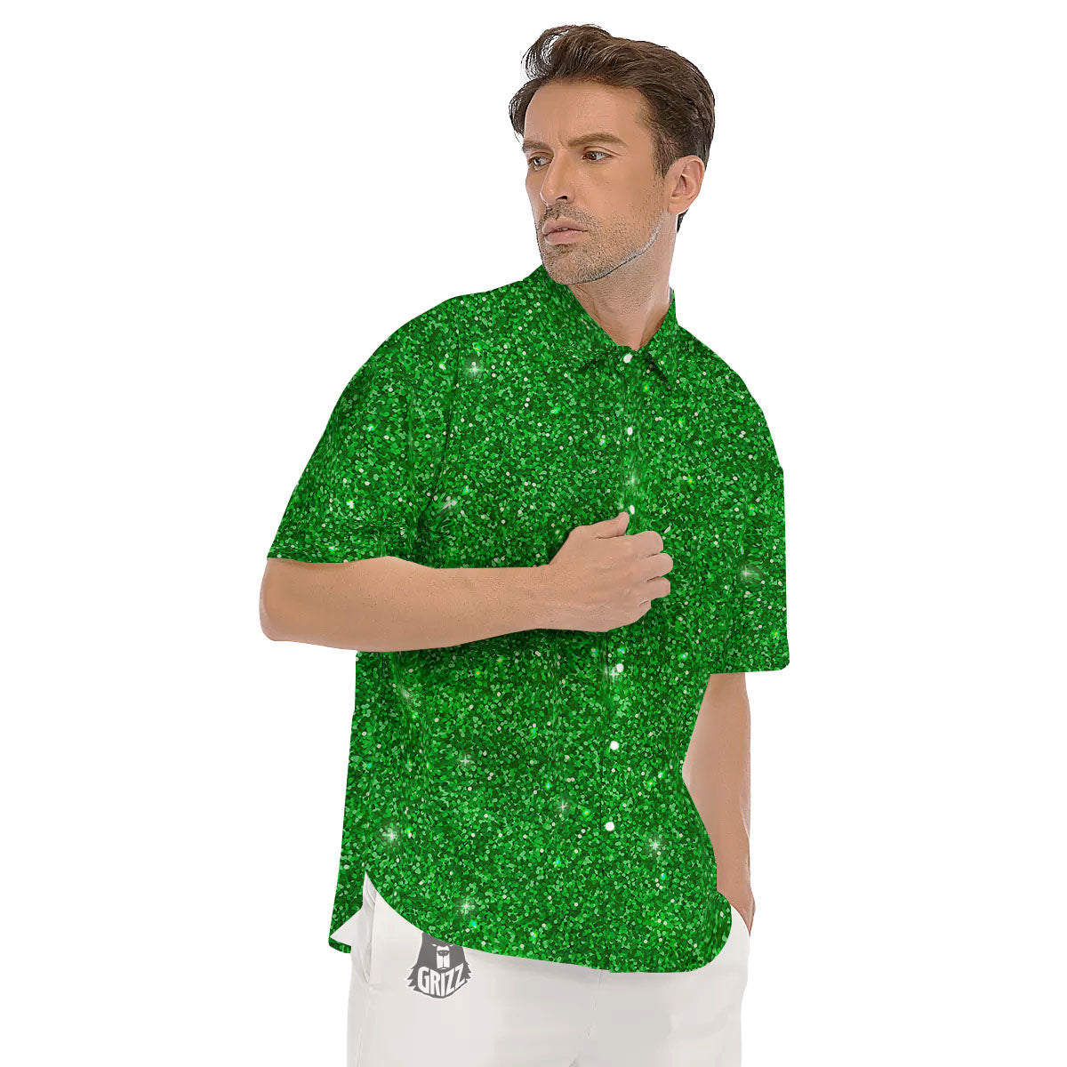 Artwork Glitter Green Print Men's Short Sleeve Shirts-grizzshop