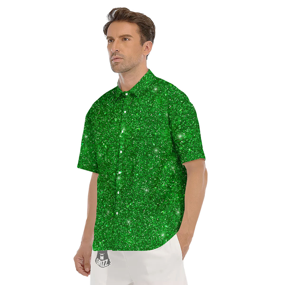 Artwork Glitter Green Print Men's Short Sleeve Shirts-grizzshop