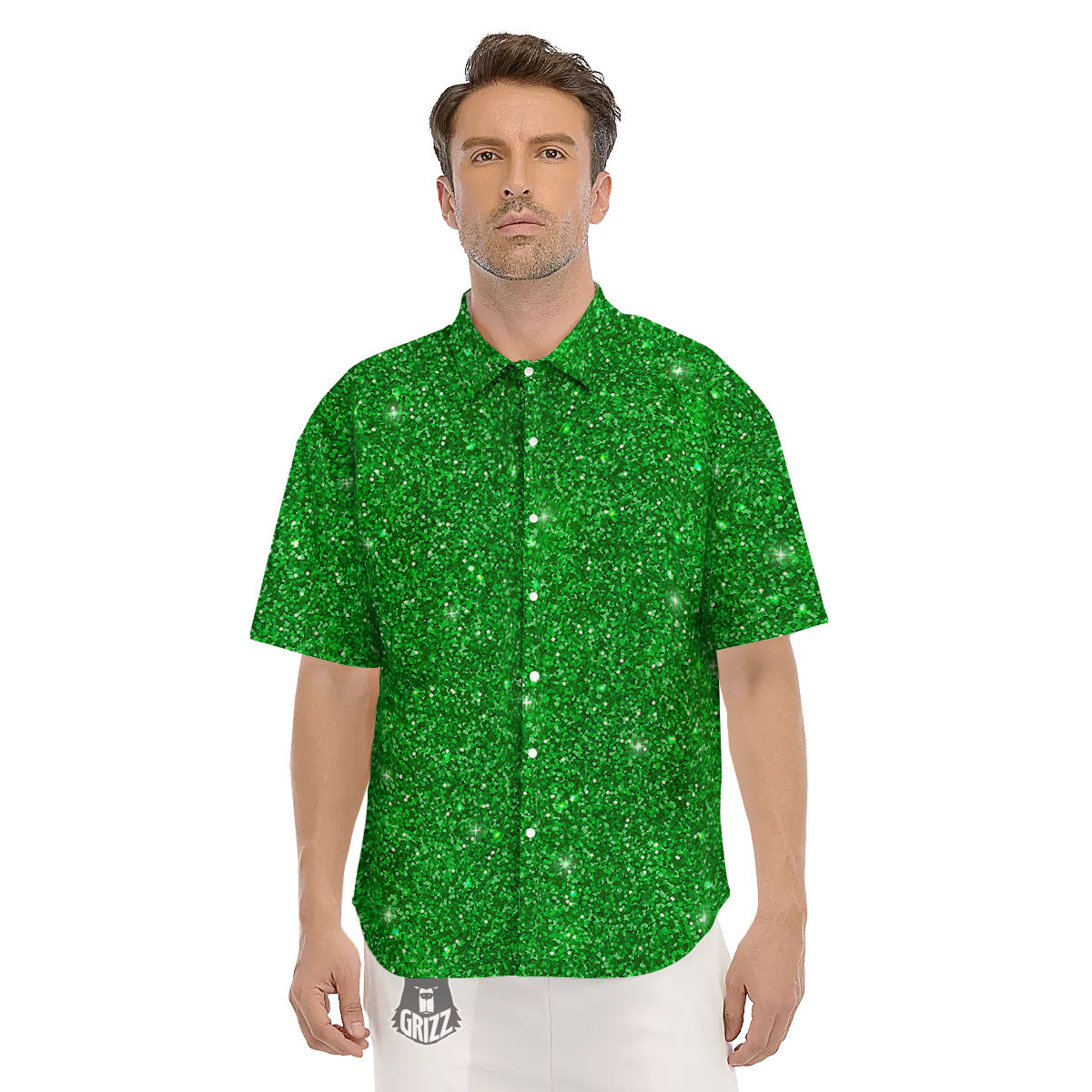 Artwork Glitter Green Print Men's Short Sleeve Shirts-grizzshop