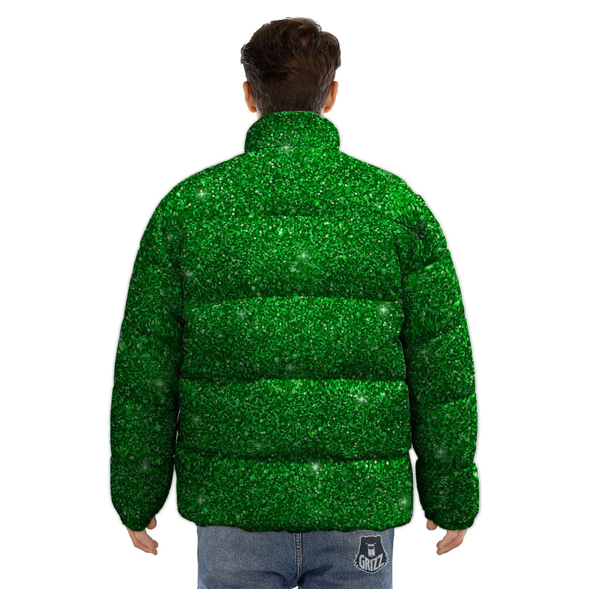 Artwork Glitter Green Print Puffer Jacket-grizzshop