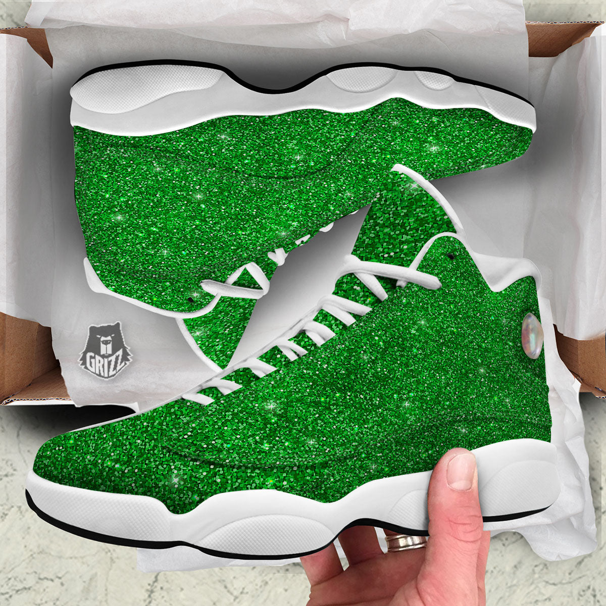 Artwork Glitter Green Print White Basketball Shoes-grizzshop