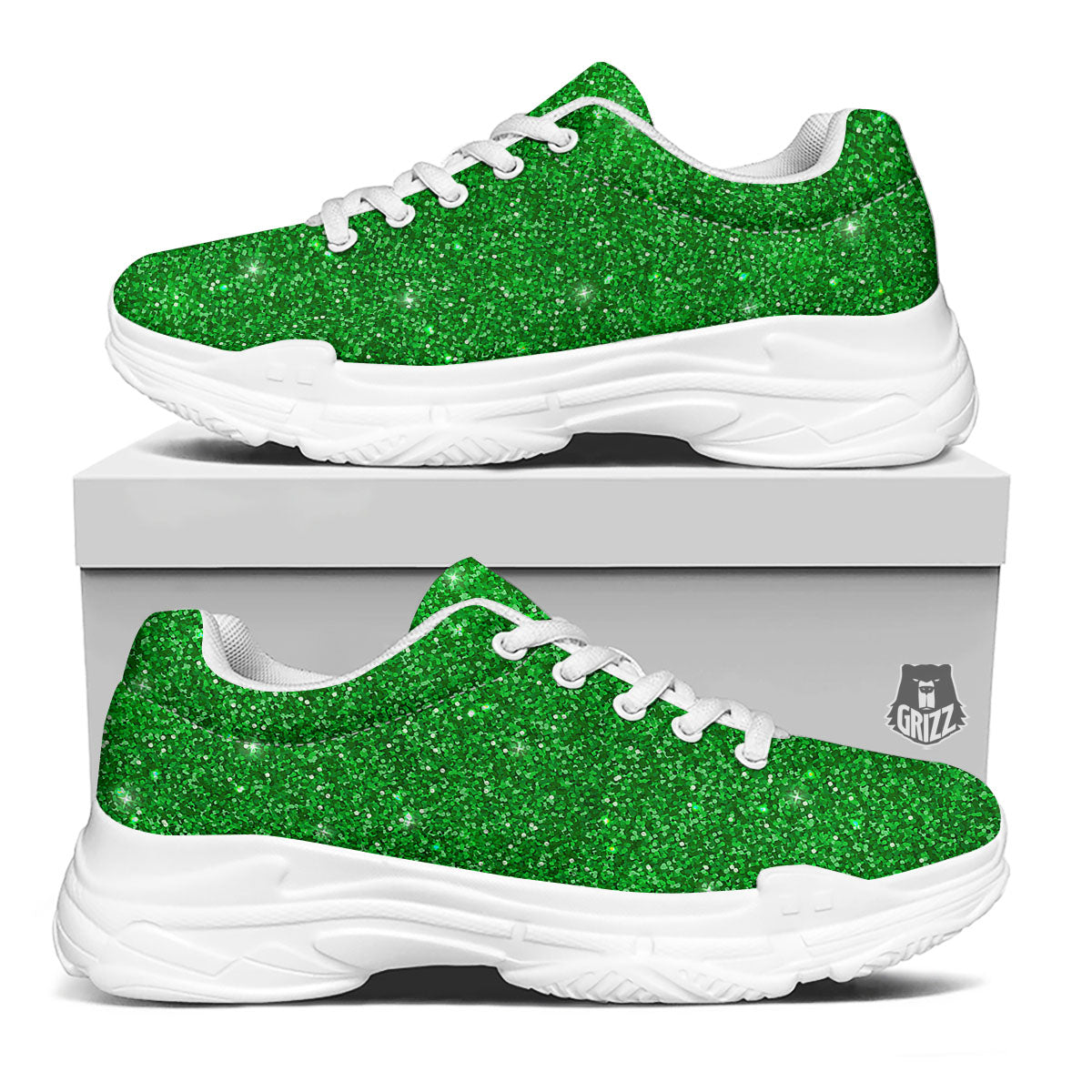 Artwork Glitter Green Print White Chunky Shoes-grizzshop