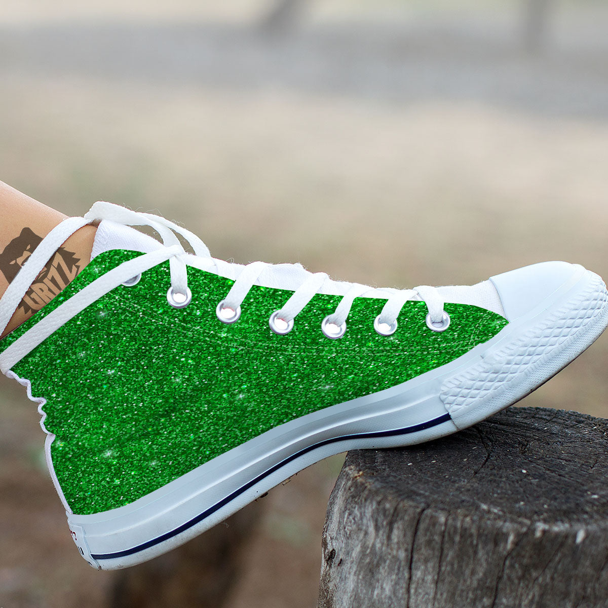 Artwork Glitter Green Print White High Top Shoes-grizzshop