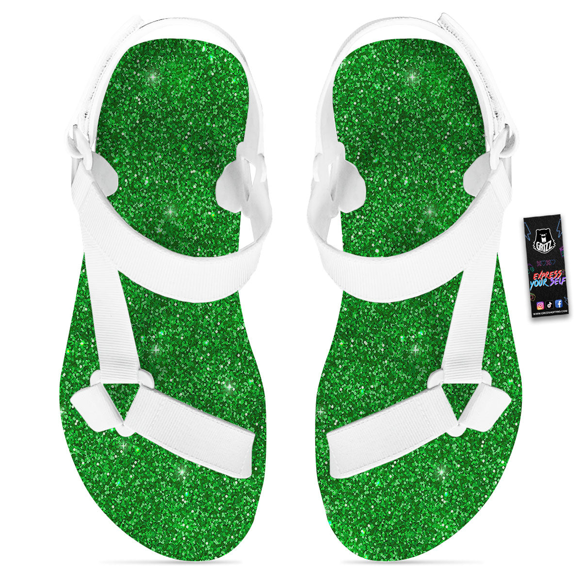 Artwork Glitter Green Print White Open Toe Sandals-grizzshop