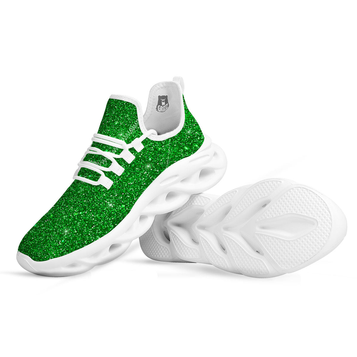 Artwork Glitter Green Print White Running Shoes-grizzshop