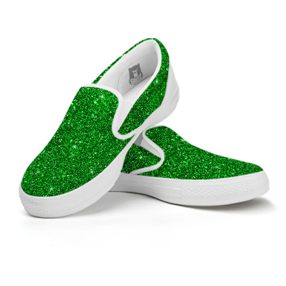 Artwork Glitter Green Print White Slip On Shoes-grizzshop