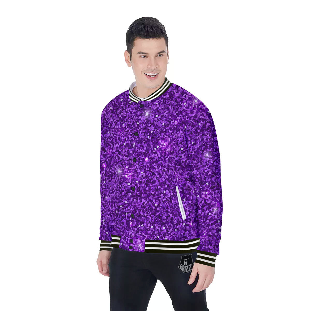 Artwork Glitter Purple Print Baseball Jacket-grizzshop
