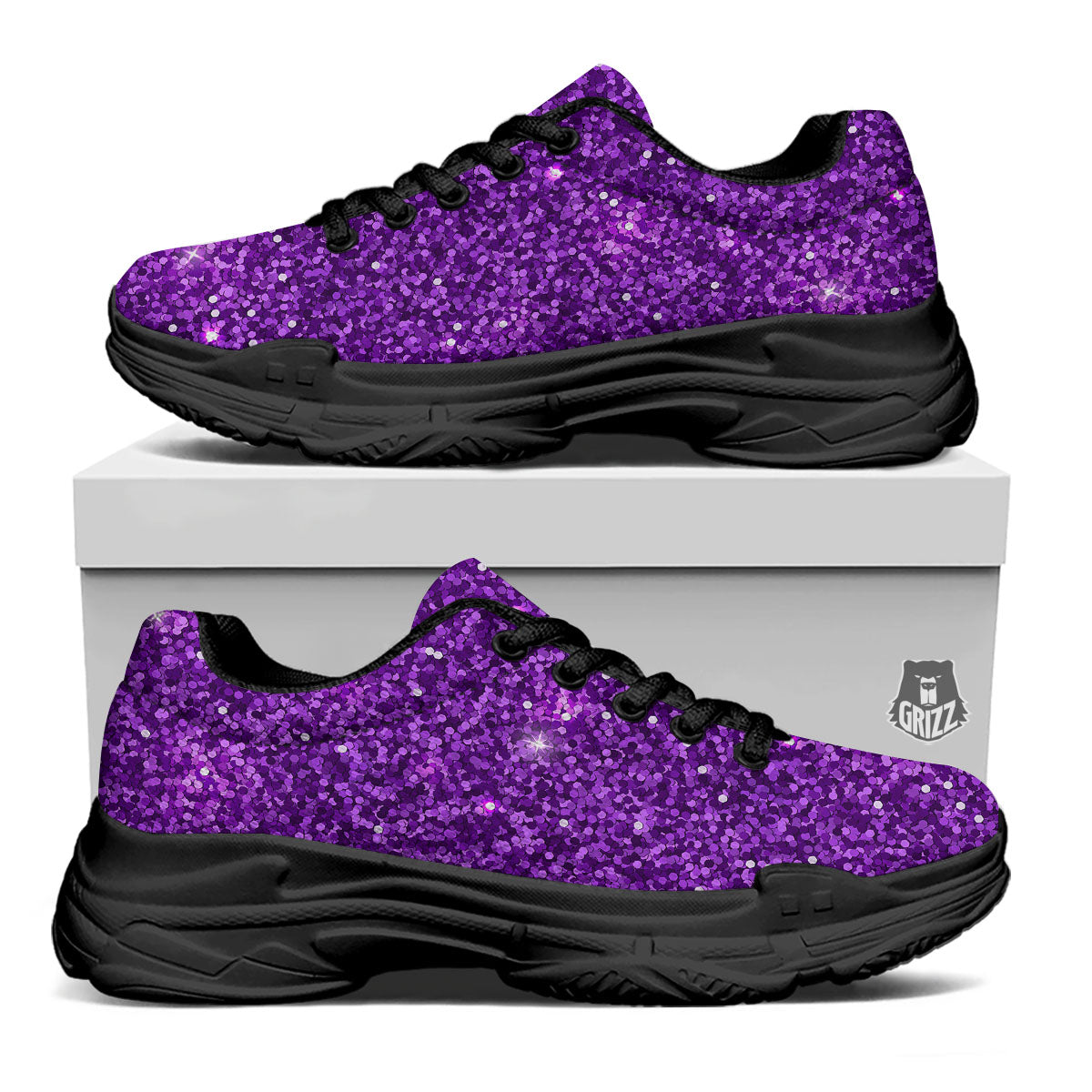 Artwork Glitter Purple Print Black Chunky Shoes-grizzshop