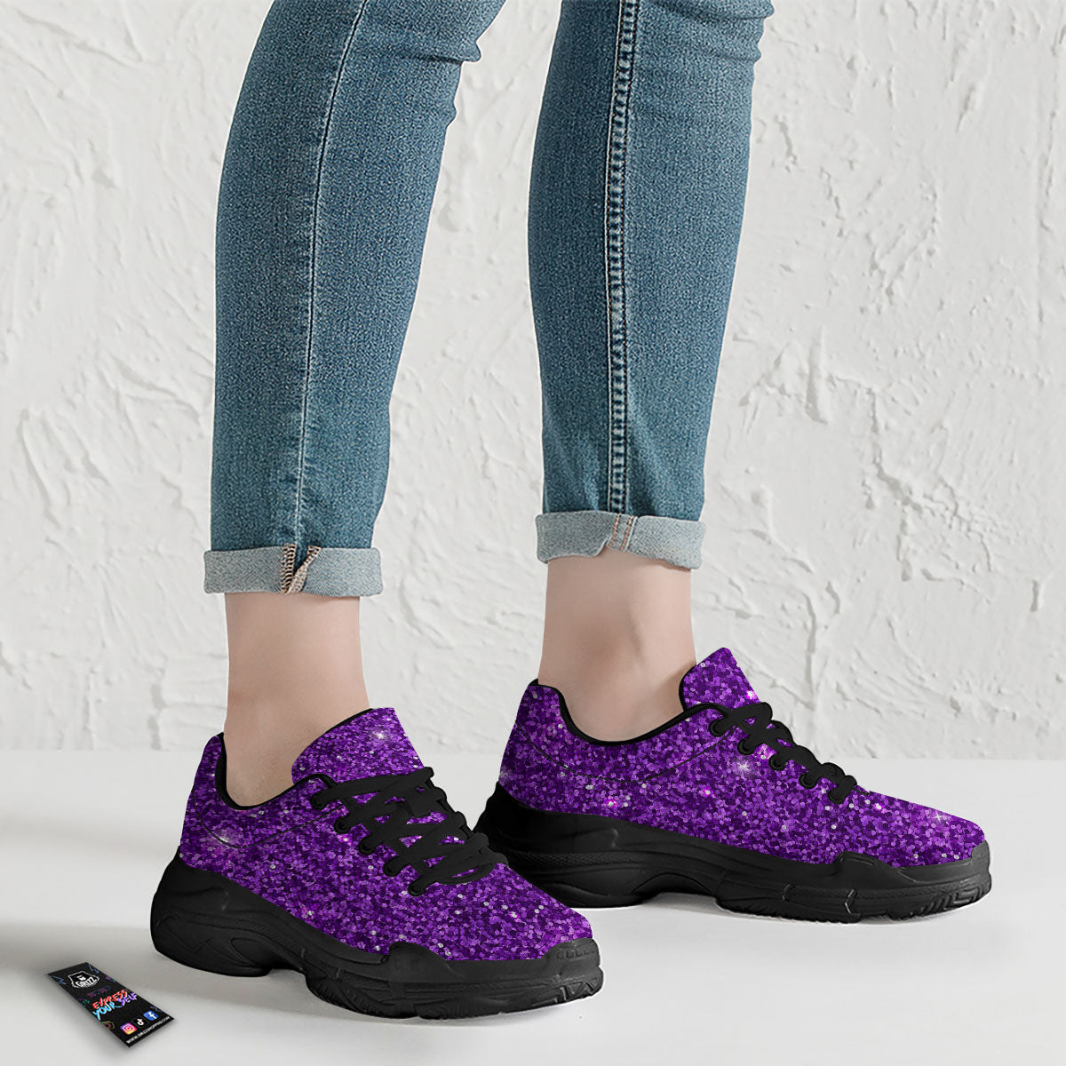 Artwork Glitter Purple Print Black Chunky Shoes-grizzshop