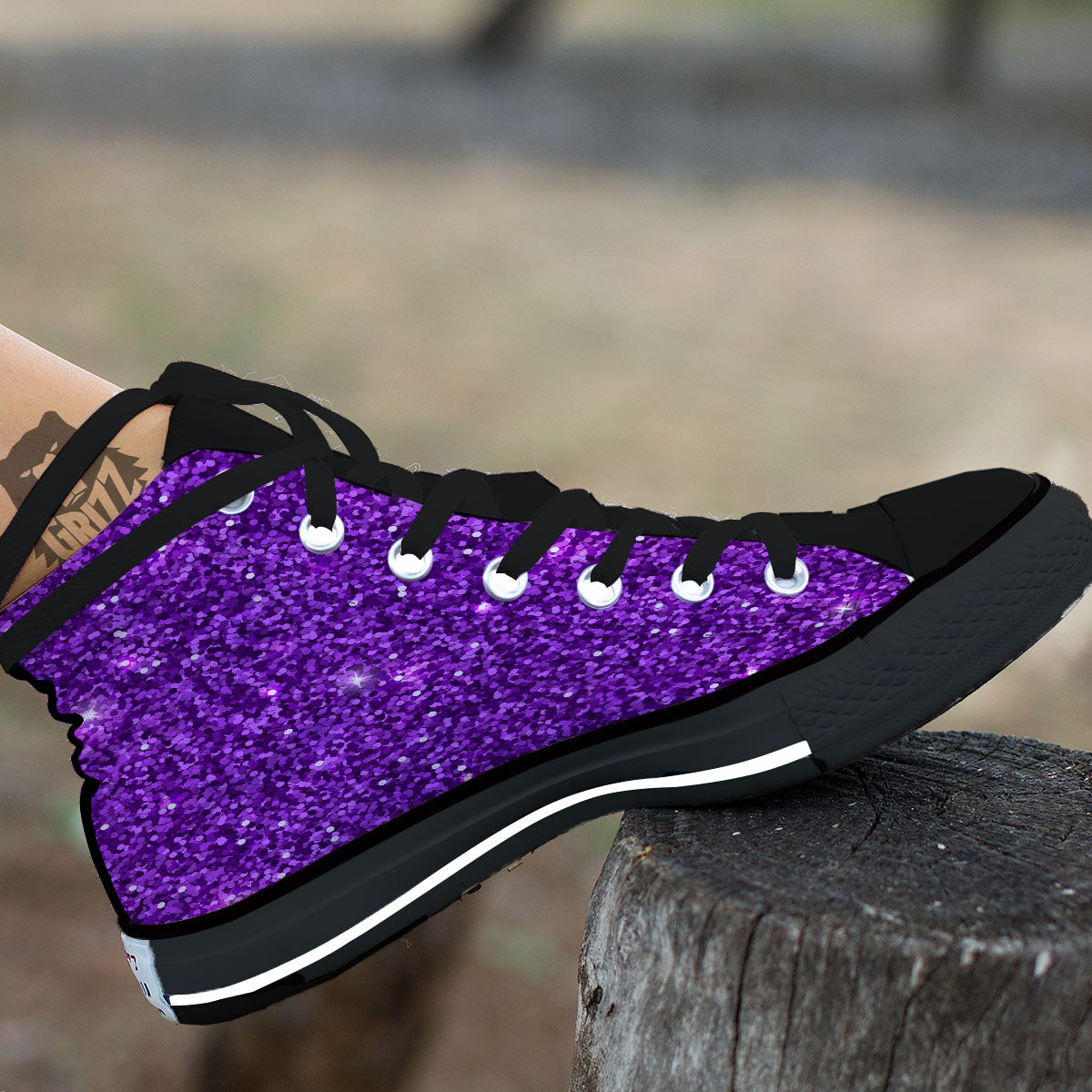 Artwork Glitter Purple Print Black High Top Shoes-grizzshop