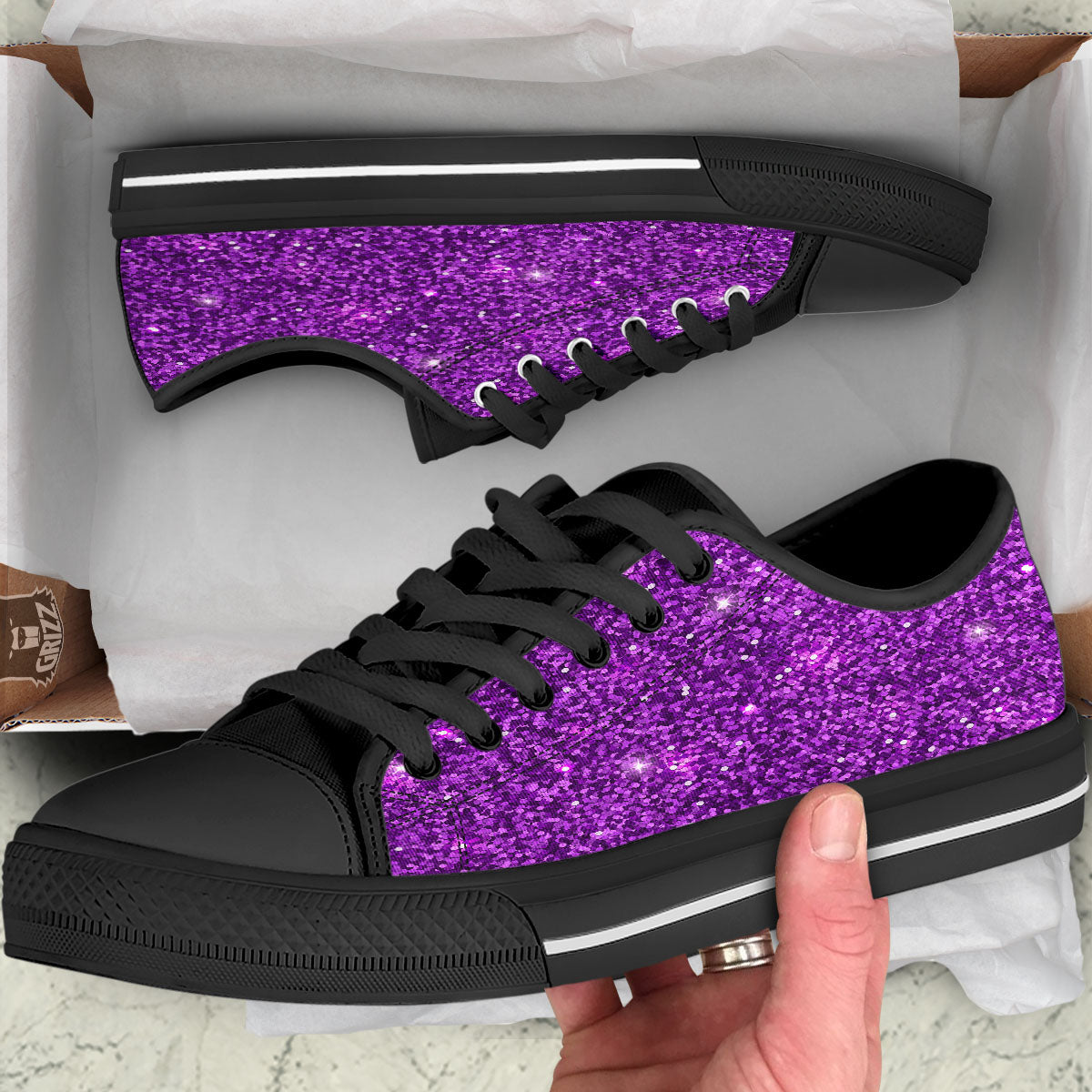 Artwork Glitter Purple Print Black Low Top Shoes-grizzshop