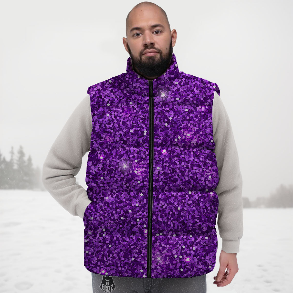 Artwork Glitter Purple Print Down Vest