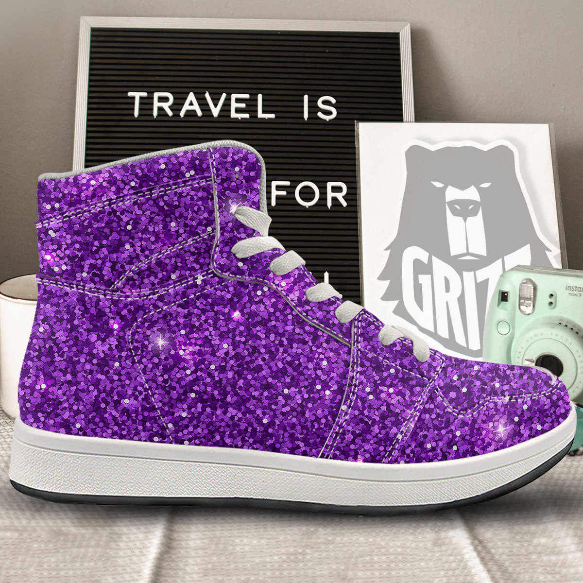 Artwork Glitter Purple Print High Top Sneakers-grizzshop