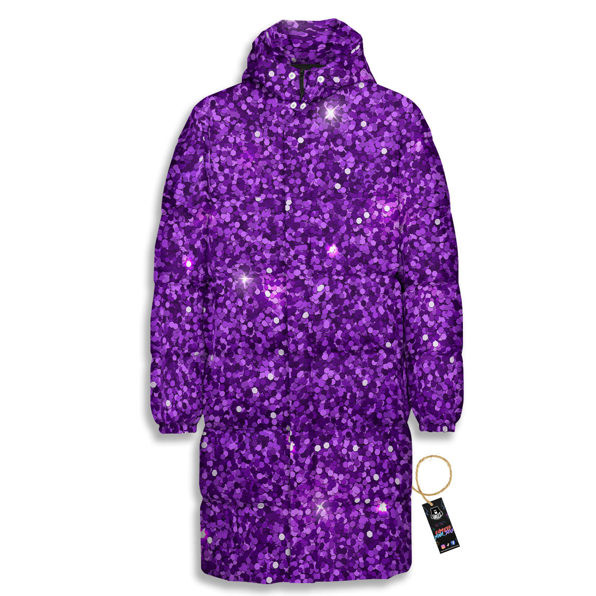 Artwork Glitter Purple Print Long Down Jacket-grizzshop