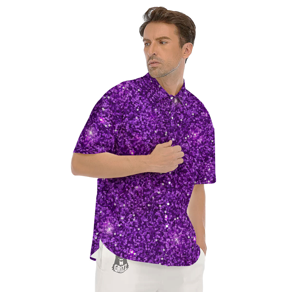 Artwork Glitter Purple Print Men's Short Sleeve Shirts-grizzshop