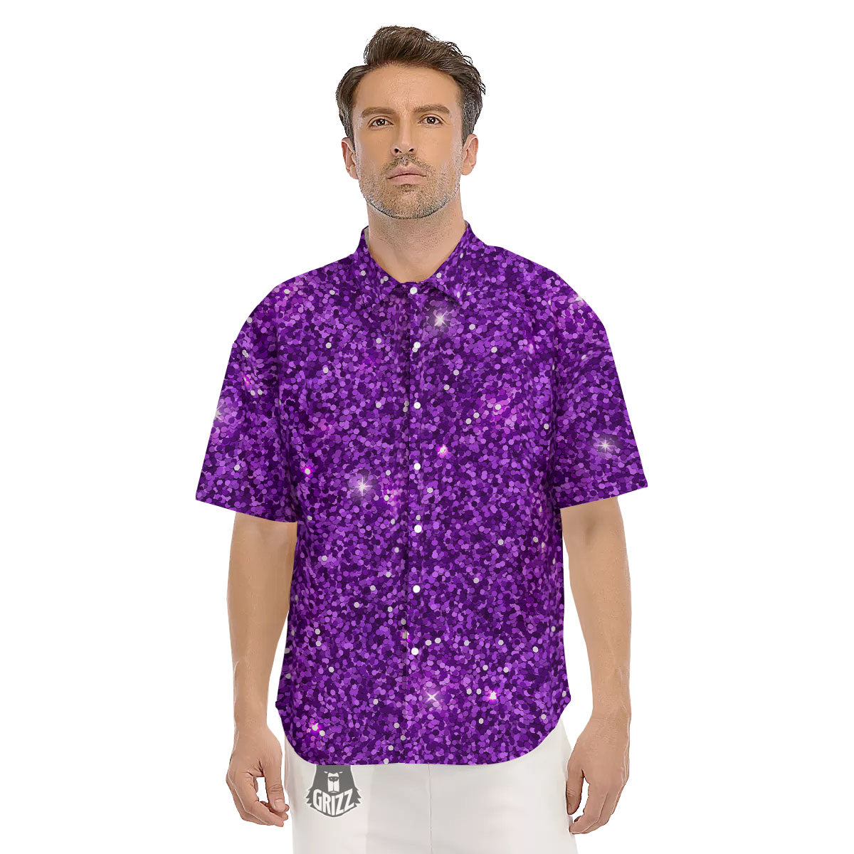 Artwork Glitter Purple Print Men's Short Sleeve Shirts-grizzshop