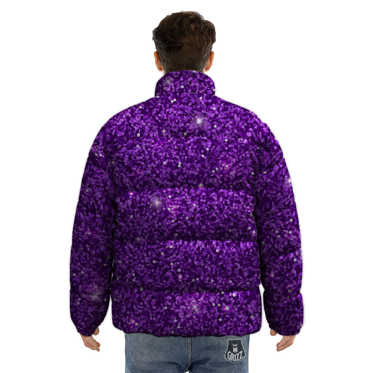 Artwork Glitter Purple Print Puffer Jacket-grizzshop