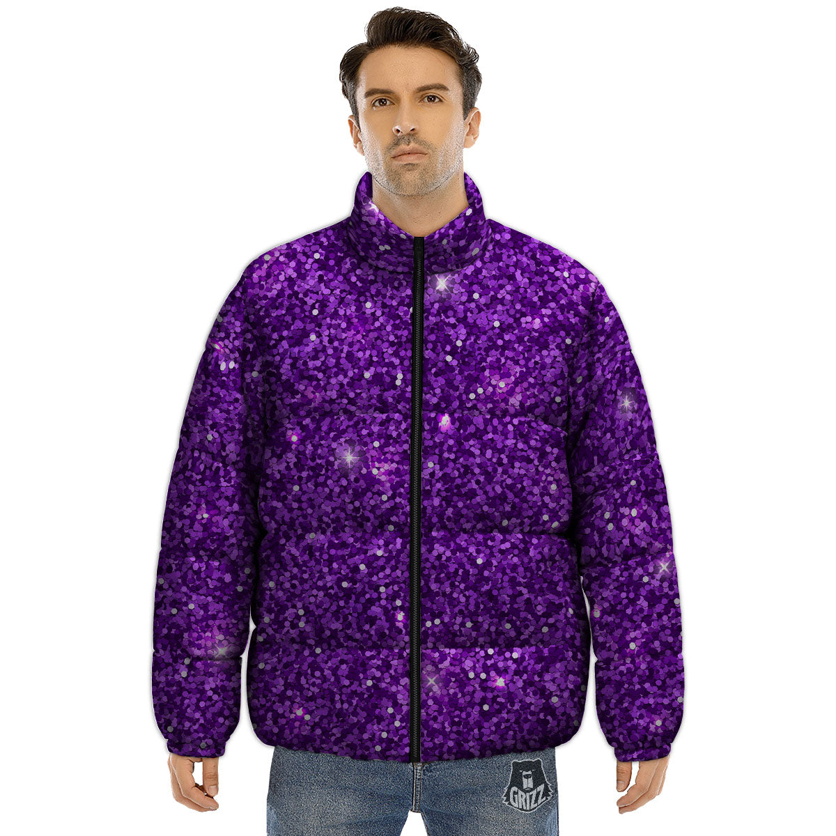 Artwork Glitter Purple Print Puffer Jacket-grizzshop