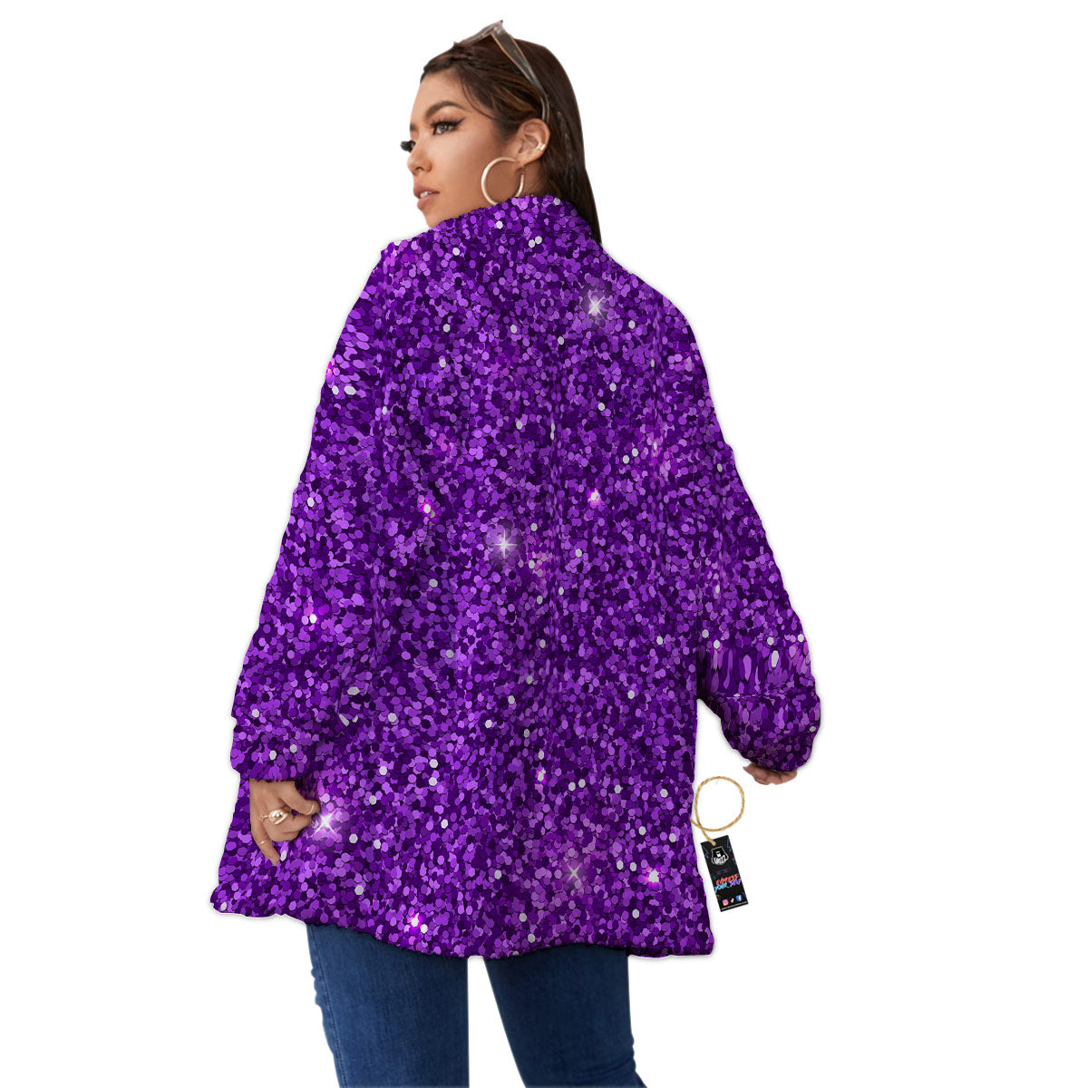 Artwork Glitter Purple Print Women's Sherpa Jacket-grizzshop