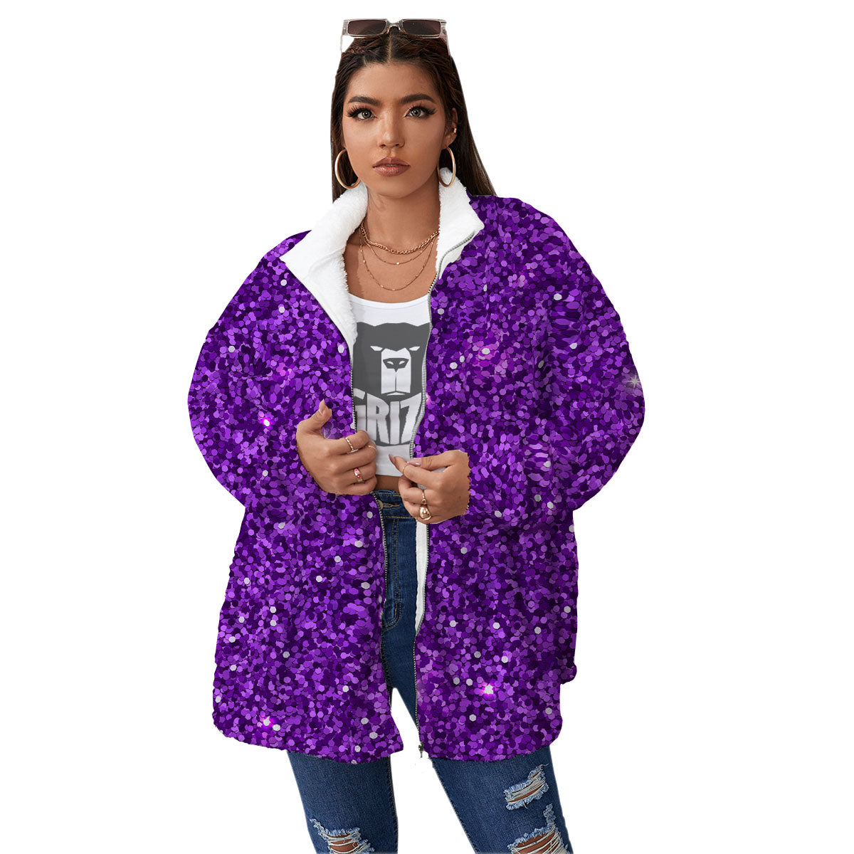 Artwork Glitter Purple Print Women's Sherpa Jacket-grizzshop
